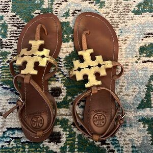 tory burch chandler brown & gold ankle strap logo sandals